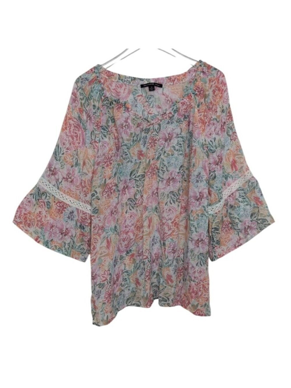 Zac & Rachel Floral Shirt Womens Size 2X Pink Lightweight Bell Sleeve Cottagecor